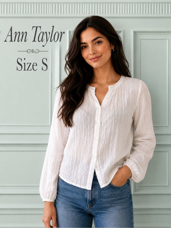 Ann Taylor Tops - Ann Taylor White Crinkle Button Front Blouse Size Small Long Sleeve